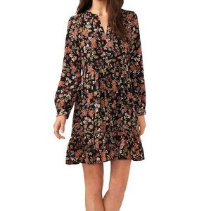 Vince Camuto Women's Floral Printed Long Sleeve Split Neck Baby Doll Dress